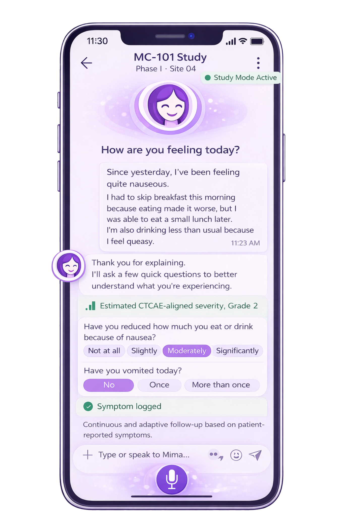 Patient-initiated AE reporting with adaptive PRO and estimated CTCAE mapping