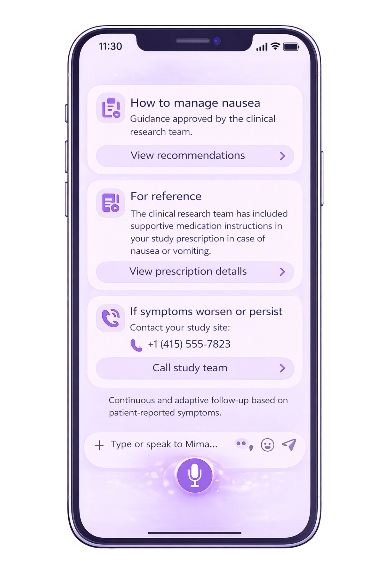 Study-approved guidance, prescription reminder, and site contact escalation